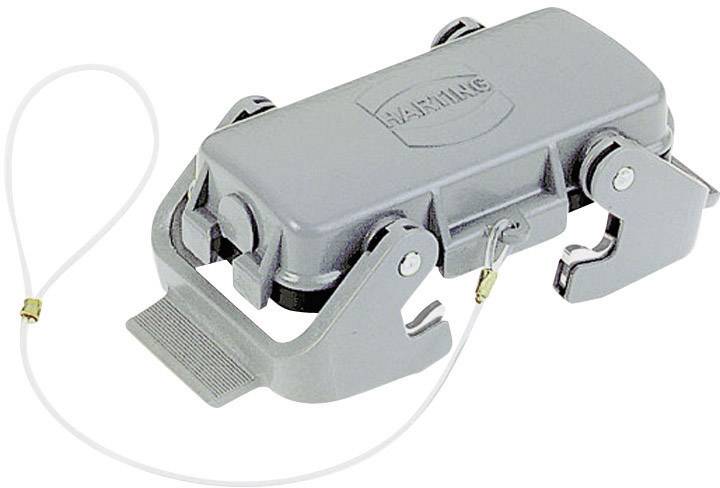 Grau-silberfarbener HARTING-Steckverbinder mit Metallgehäuse, Kabelanschluss und Verriegelungsmechanismus, geeignet für industrielle Anwendungen.