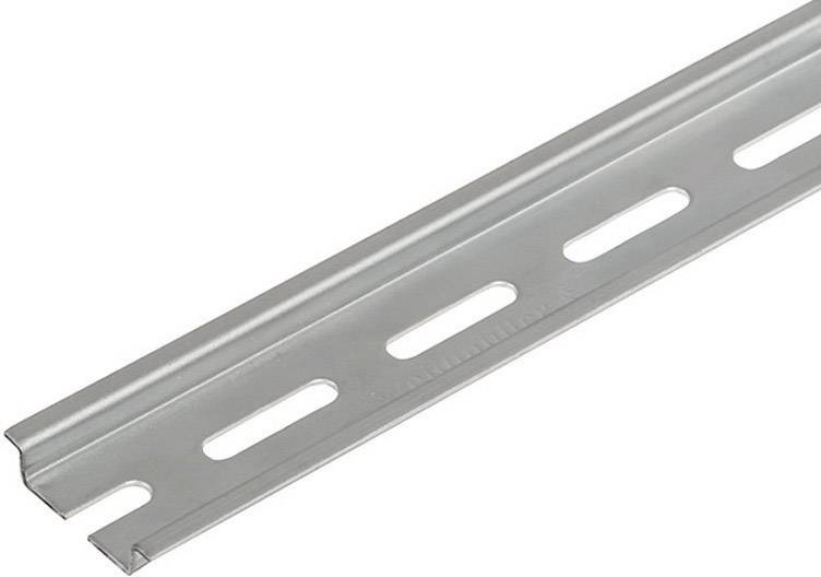 Ein silbernes, längliches Metallprofil mit regelmäßig verteilten ovalen Löchern, oft verwendet zur Befestigung in Montagearbeiten.