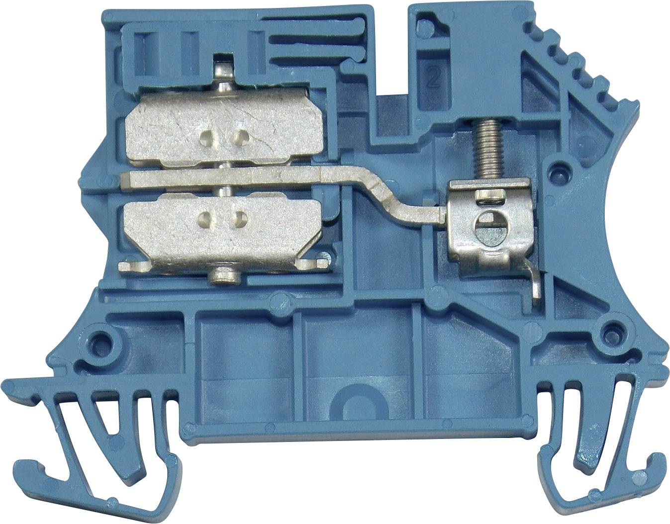Blauer elektrischer Anschlussblock mit Metallklemmen und Schraubverbindung, verwendet für die Verdrahtung in elektrischen Schaltschränken.