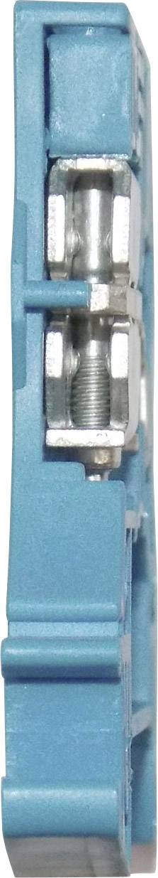 Nahaufnahme einer blauen elektrischen Klemme mit seitlicher Ansicht der Metallanschlüsse und Schraube, erkennbar durch die geöffnete Struktur.