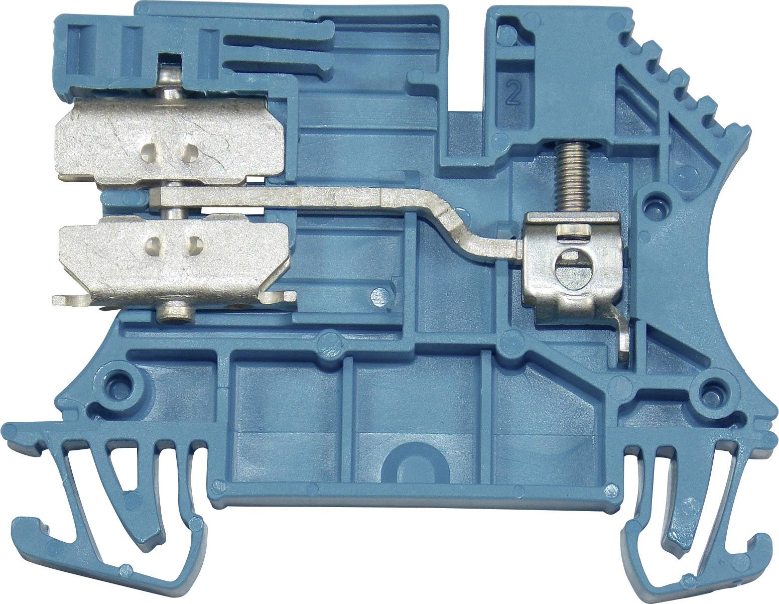 Ein blauer kastenförmiger elektrischer Klemmenblock mit Metallelementen zum Verbinden von Drähten in einem Strom- oder Schaltkreis.