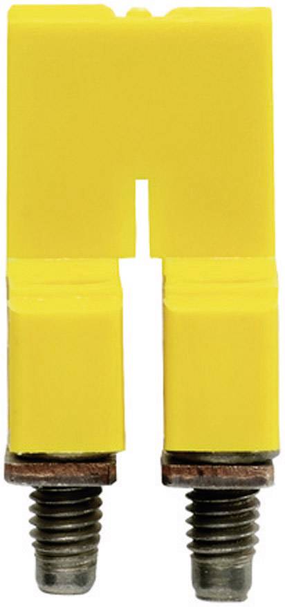 Ein gelbes Kunststoffteil mit zwei Metallbolzen, möglicherweise ein elektrischer Stecker oder Verbinder, auf weißem Hintergrund.