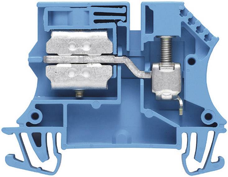 Blaues Elektronikgehäuse mit Metallklemme und Schraube. Hauptsächlich verwendet in elektrischen Schaltungen zur Kabelbefestigung.