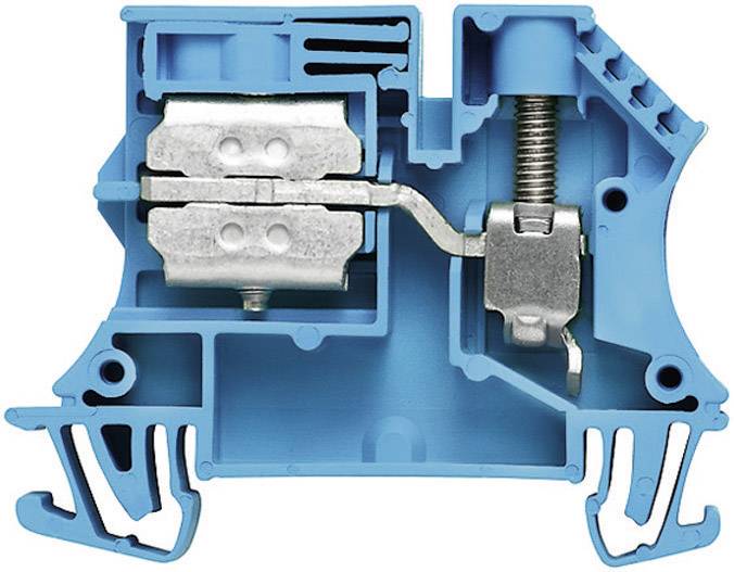 Querschnitt eines blauen Reihenklemmengehäuses aus Kunststoff, mit Metallteilen zur elektrischen Verbindung und Befestigung.