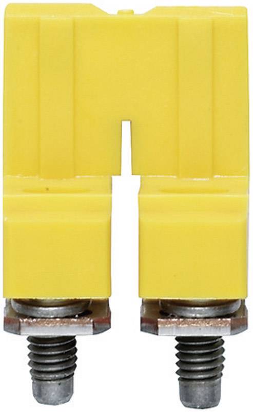Ein gelber, rechteckiger elektrischer Anschluss mit zwei Metallschrauben unten.