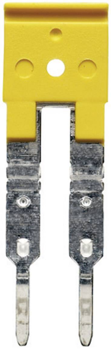 Ein gelber Sicherungsstecker mit zwei silbernen Kontaktstiften, typischerweise in elektrischen Schutzschaltungen verwendet.