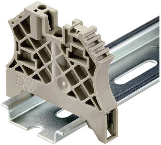 Klemme auf einer Metallschiene zur Befestigung elektrischer Komponenten, oft in Schaltschränken eingesetzt.