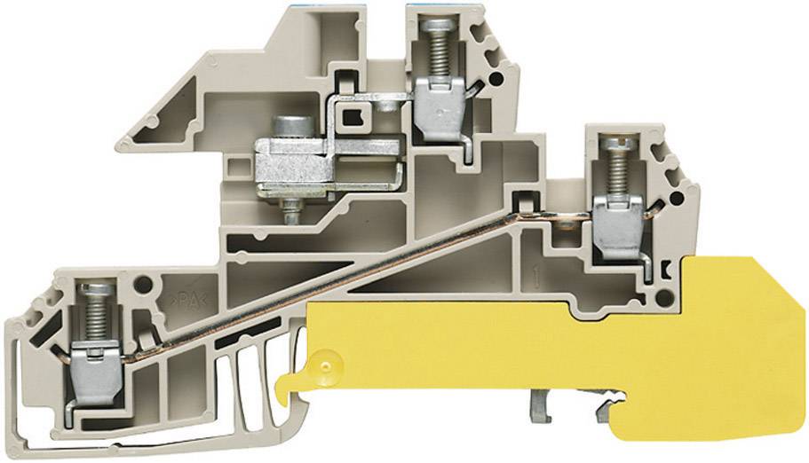 Querschnitt eines beige-gelben Reihenklemmenblocks mit Schraubverbindungen, die interne elektrische Leitungen und Anschlusspunkte zeigen.