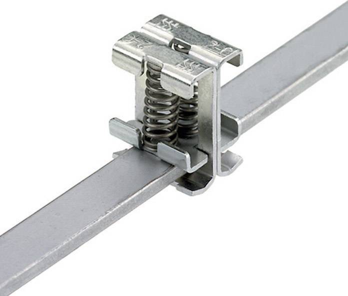 Metallclip mit Federmechanismus, befestigt an einem flachen Metallstreifen. Wird zur Sicherung oder Verbindung von Metallteilen genutzt.