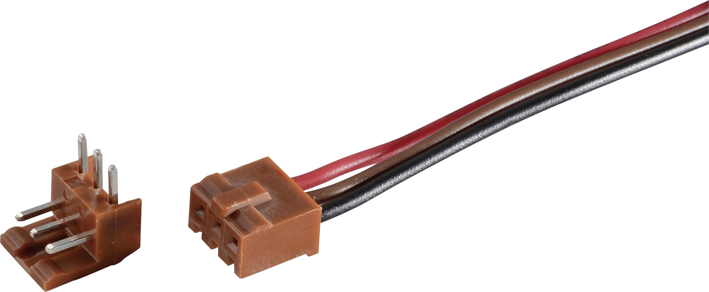 Ein braunes Steckverbinderpaar: links der Stecker mit drei Metallpins, rechts die Buchse mit roten, schwarzen und braunen Kabeln.