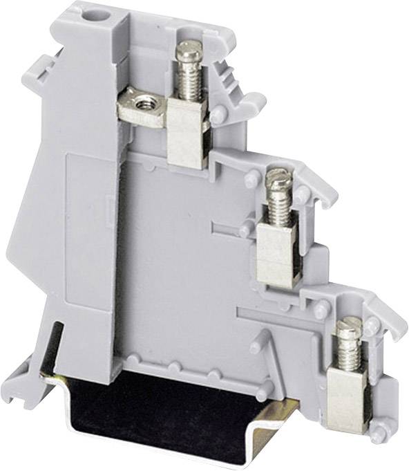 Grau-weißer elektrischer Klemmenblock mit drei Schraubkontakten, verwendet zur Befestigung von Leitungen in Schaltschränken.