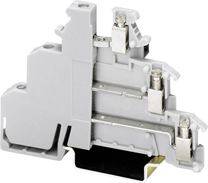 Graues, zweipoliges Reihenklemmenmodul mit Schraubverbindungen zur elektrischen Verdrahtung, montierbar auf einer DIN-Schiene.