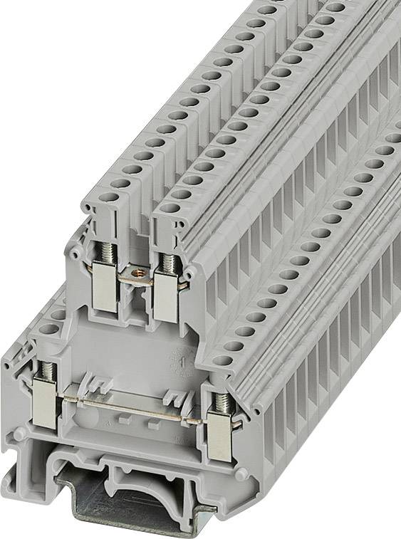 Grauer Reihenklemmenblock mit mehreren Ebenen und seitlichen Metallkontakten zur elektrischen Verdrahtung in Schaltschrankanwendungen.