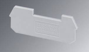 Weiße Kunststoffabdeckung mit dem Aufdruck 'Phoenix Contact'. Dient zur Abdeckung von elektrischen Komponenten in Schaltschränken.