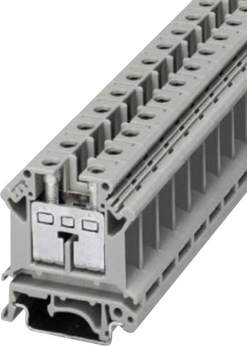 Graues, rechteckiges elektrisches Anschlussklemmelement mit mehreren Eingängen und Schraubverbindern, verwendet zur Kabelverbindung.