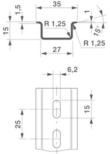 Technische Zeichnung eines Profils mit Bemaßungen. Oben Ansicht des Querschnitts: Breite 35 mm, Höhe 15 mm. Unten Ansicht von vorne: Höhe 25 mm, Breite 6,2 mm.