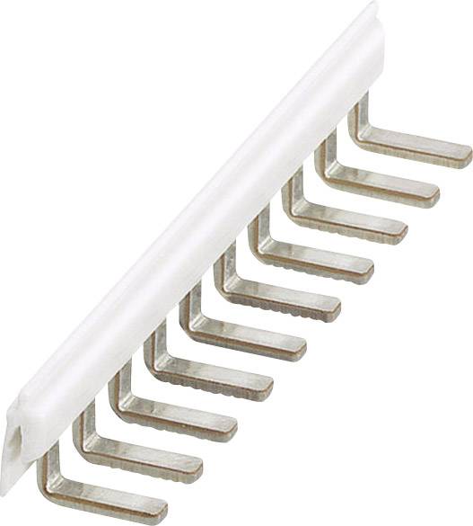 Ein weißer, rechteckiger Steckverbinder mit mehreren silbernen Metallstiften, die in einer Reihe angeordnet sind und nach unten gebogen sind.