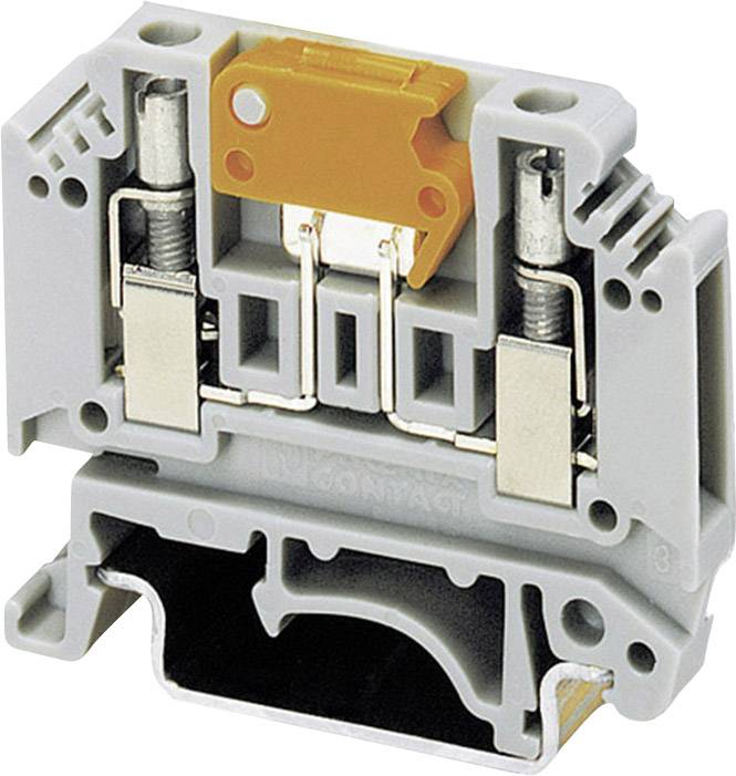 Ein grauer Reihenklemmenblock mit orangem Schalter, der für elektrische Verbindungen in Schaltschränken verwendet wird.