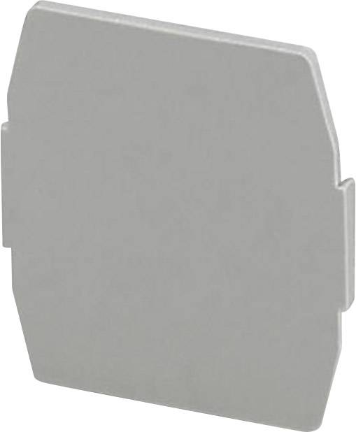 Eine graue Kunststoffabdeckung, quadratische Form, mit seitlichen Halteklammern.