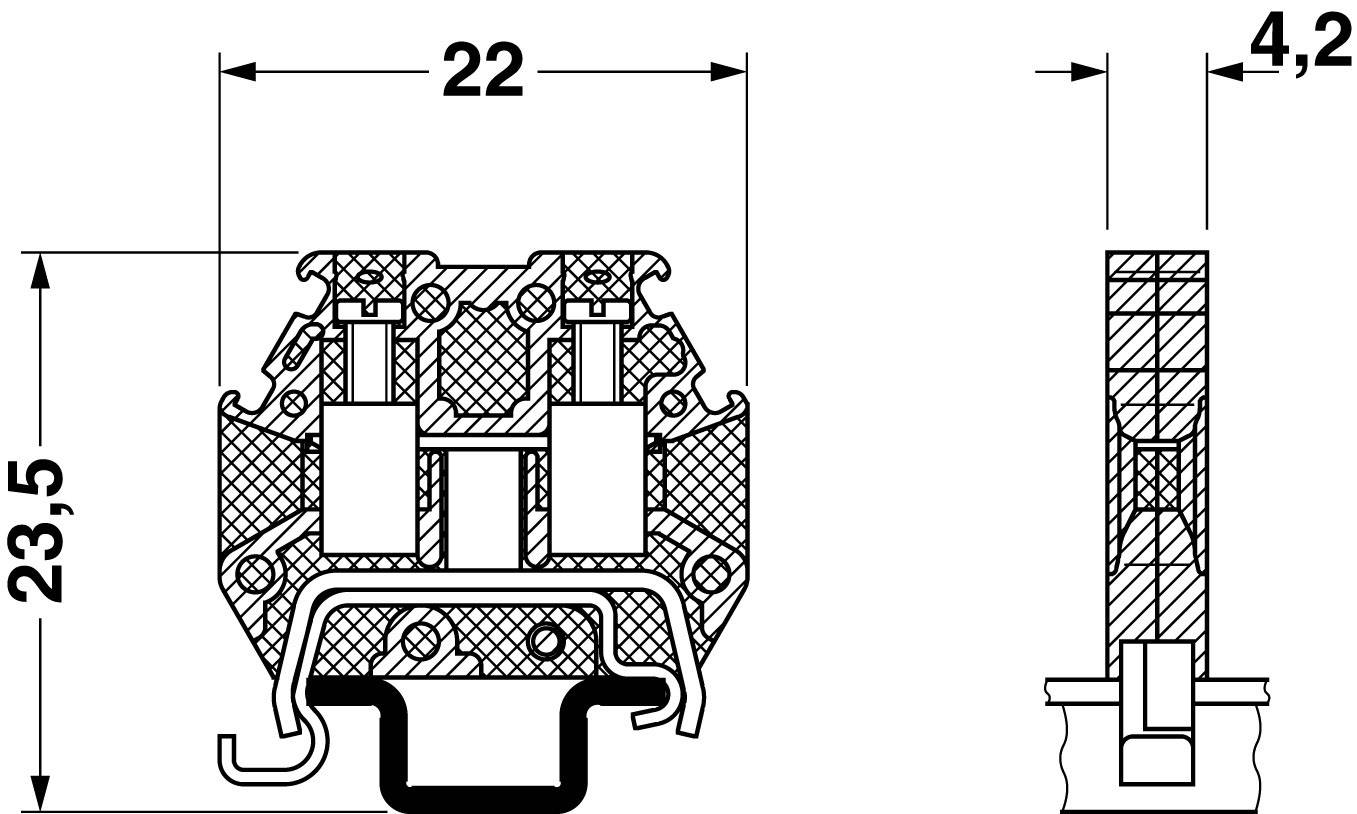 Technische Zeichnung eines elektrischen Steckverbinders. Maße: Breite 22 mm, Höhe 23,5 mm, Tiefe 4,2 mm. Seitliche und frontale Ansicht dargestellt.