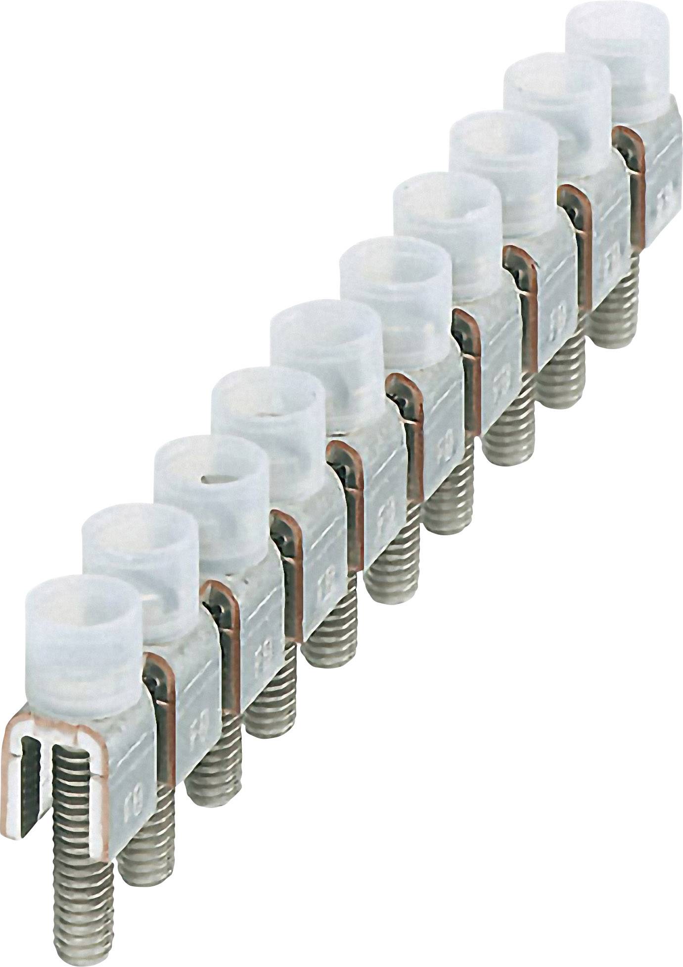 Eine Reihe von zehn Metall-Befestigungsschrauben, jede mit einer Kunststoffkappe, angeordnet in einer diagonalen Linie.