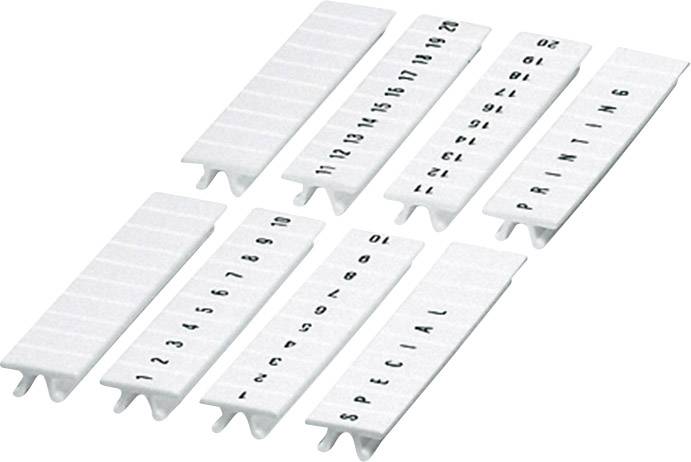 Weiße Kabelmarkierer mit aufgedruckten Zahlen und Buchstaben zur Kennzeichnung von Kabeln. Die Markierer sind in mehreren Reihen angeordnet.