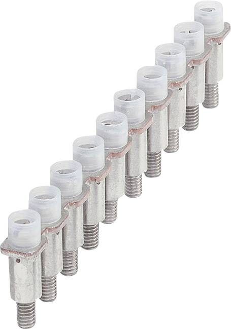 Eine Reihe von zehn metallischen Stehbolzen mit Gewinde und Kunststoffspitzen, ausgerichtet in einer geraden Linie.