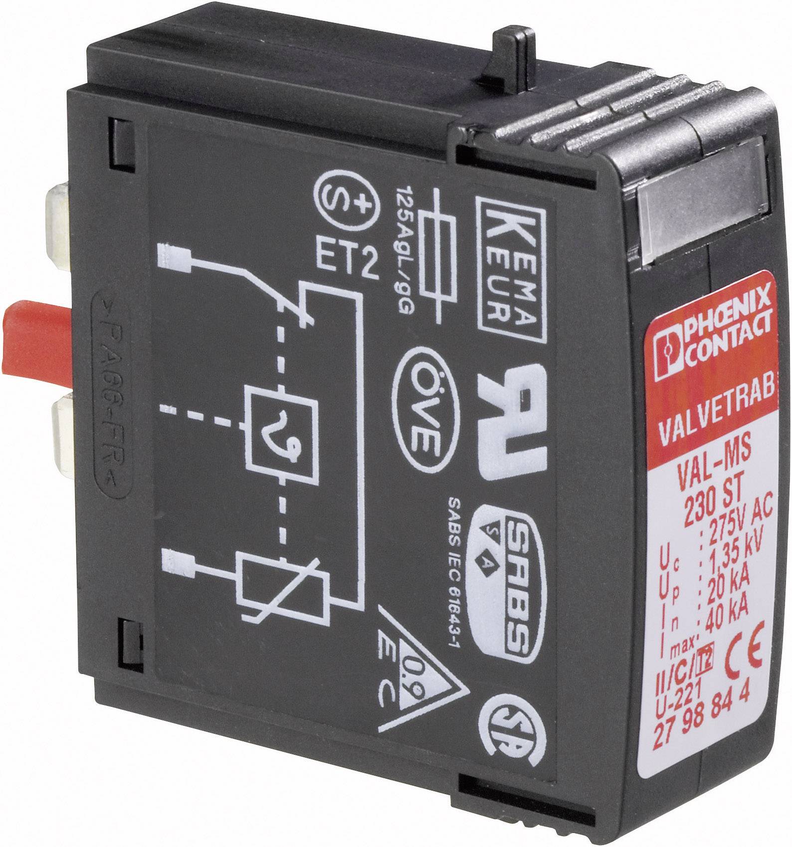 Ein Überspannungsschutzgerät der Marke Phoenix Contact, Modell VAL-MS 230 ST, mit technischen Spezifikationen auf dem Etikett.