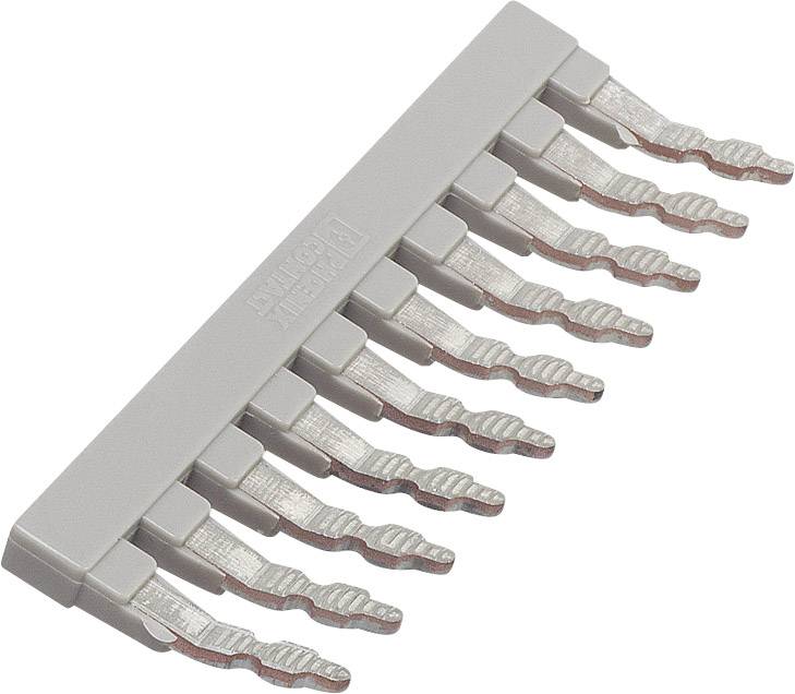 Ein graues Schaltleistenmodul mit mehreren gebogenen Klemmen, das in elektrischen Installationen zur Verbindung mehrerer Leitungen verwendet wird.