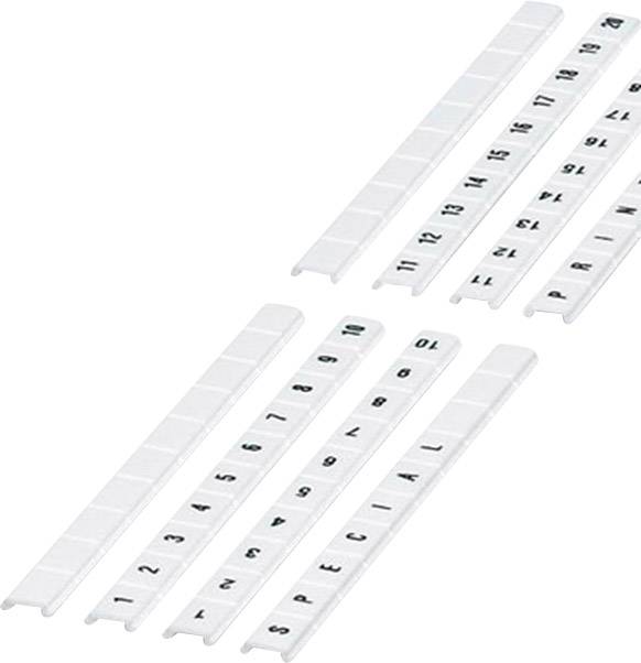 Weiße Kabelmarkierer mit schwarzen Zahlen von 0 bis 15 und Buchstaben von A bis L zur Kennzeichnung von Kabeln und Leitungen.