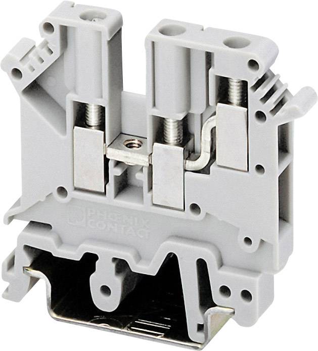 Grauer elektrischer Klemmblock von Phoenix Contact. Dient zur sicheren Befestigung und Verbindung von elektrischen Leitern auf DIN-Schienen.