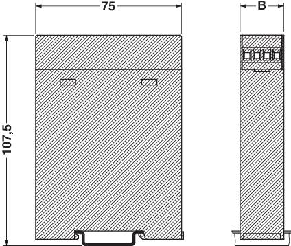 Technische Zeichnung eines rechteckigen Bauteils mit einer Höhe von 107,5 und Breite von 75, Seitenansicht zeigt Breite 'B'.