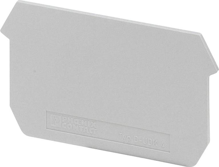 Eine graue Kunststoff-Endabdeckung für Reihenklemmen, gekennzeichnet mit 'PHOENIX CONTACT Typ D-UDK 4'. Sie dient zur Isolierung.