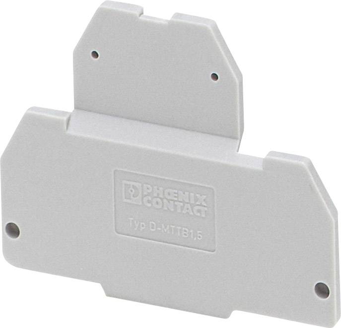 Ein grauer Endverschluss von Phoenix Contact, Typ D-MTTB 1,5, zur Sicherung von Klemmen auf Tragschienen.