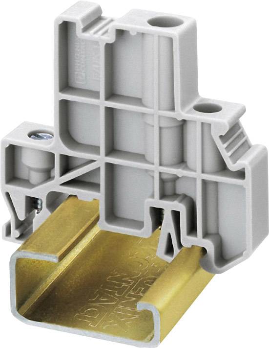 Ein grauer Kabelkanalhalter aus Kunststoff sitzt auf einer goldfarbenen Metallschiene. Er hat Schraubverbindungen zur Befestigung.