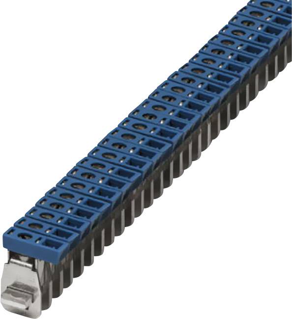 Eine blaue Reihenklemme mit mehreren Anschlusspunkten in einer Reihe. Sie hat einen Metallkontakt an einem Ende und dient zur elektrischen Verbindung.