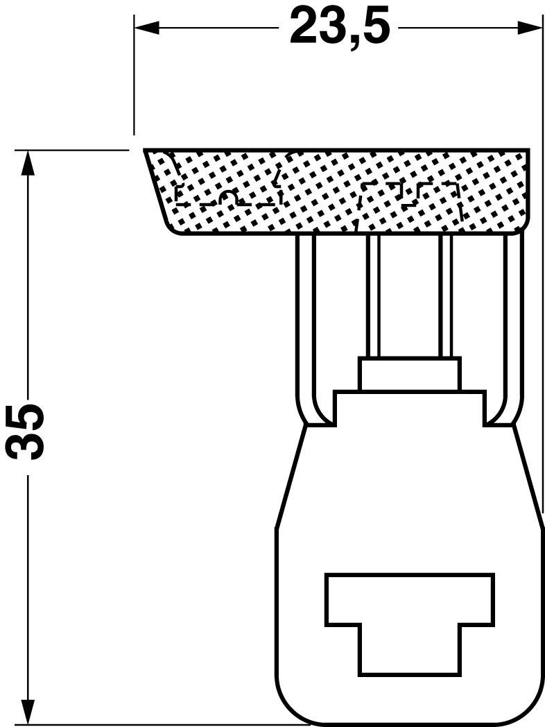 Illustration eines Bauteils mit Deckenmontage, rechteckige Öffnung oben. Höhe 35 mm, Breite 23,5 mm.