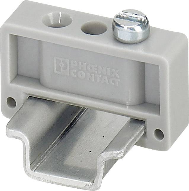 Grauer Anschlussblock mit Schraubklemme und zwei Kabeldurchführungen, montiert auf einer flachen Metallplatte.