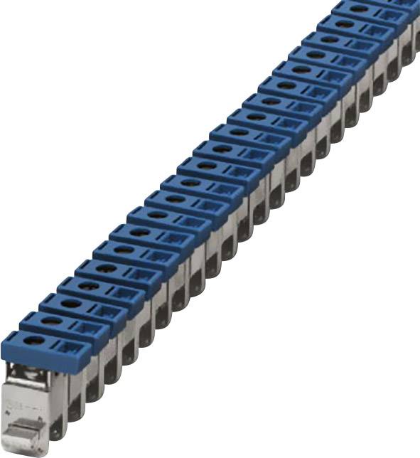 Ein langer, blauer Reihenklemmenstreifen zur Befestigung von elektrischen Leitungen, geeignet für Schaltschrankanwendungen.
