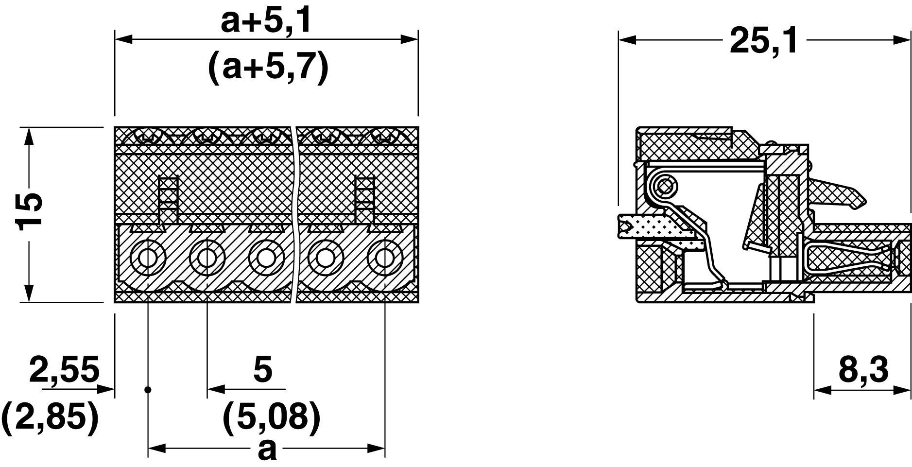 Technische Zeichnung eines Steckverbinders in Seiten- und Vorderansicht mit Bemaßungen: Breite 5, Höhe 15, Tiefe 8,3 mm.