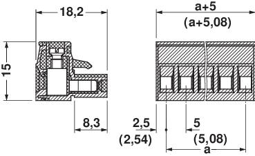 Technische Zeichnung eines Steckverbinders mit Maßen: Höhe 15 mm, Breite 18,2 mm, seitliche Detailschnittansichten und Maßangaben.