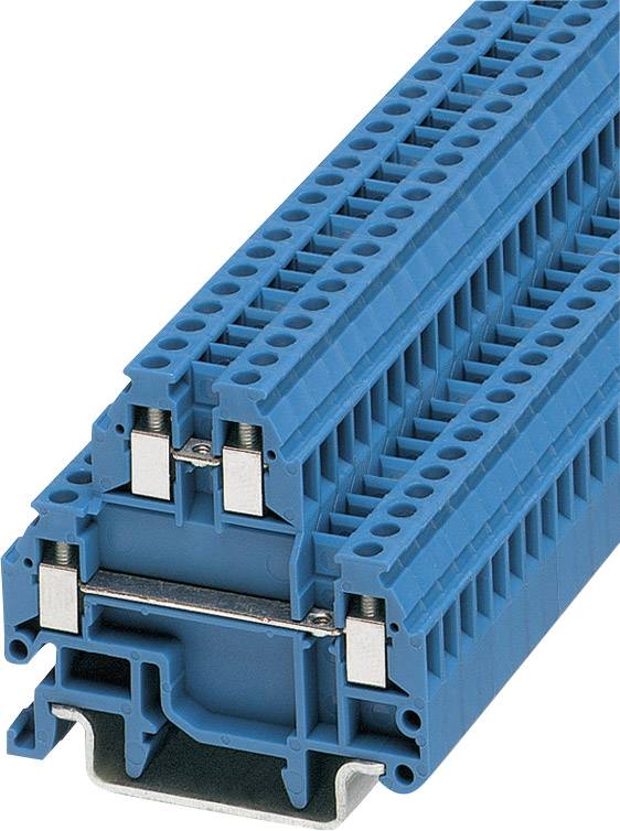 Ein blauer Reihenklemmenblock mit mehreren Steckverbindungen und Metallteilen, zur elektrischen Verdrahtung in Schalttafeln verwendet.