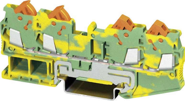 Dreifach-Klemmenblock in Gelb-Grün zum sicheren Anschluss von elektrischen Leitungen. Geeignet für industrielle Anwendungen.