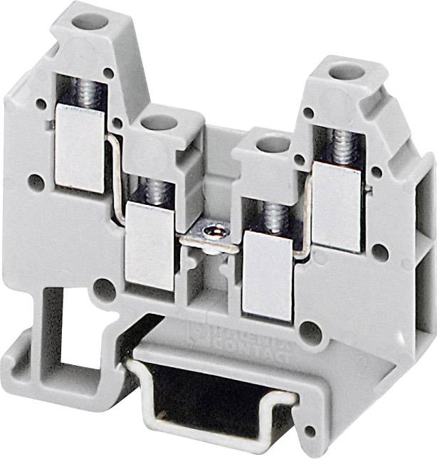 Grauer elektrischer Klemmenblock mit zwei Schraubanschlüssen zur Verdrahtung. Geeignet für industrielle Anwendungen.