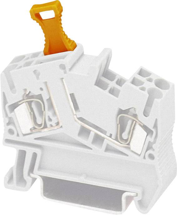 Elektrische Klemme mit orangefarbenem Hebel oben, zur Befestigung von Drähten auf einer DIN-Schiene.