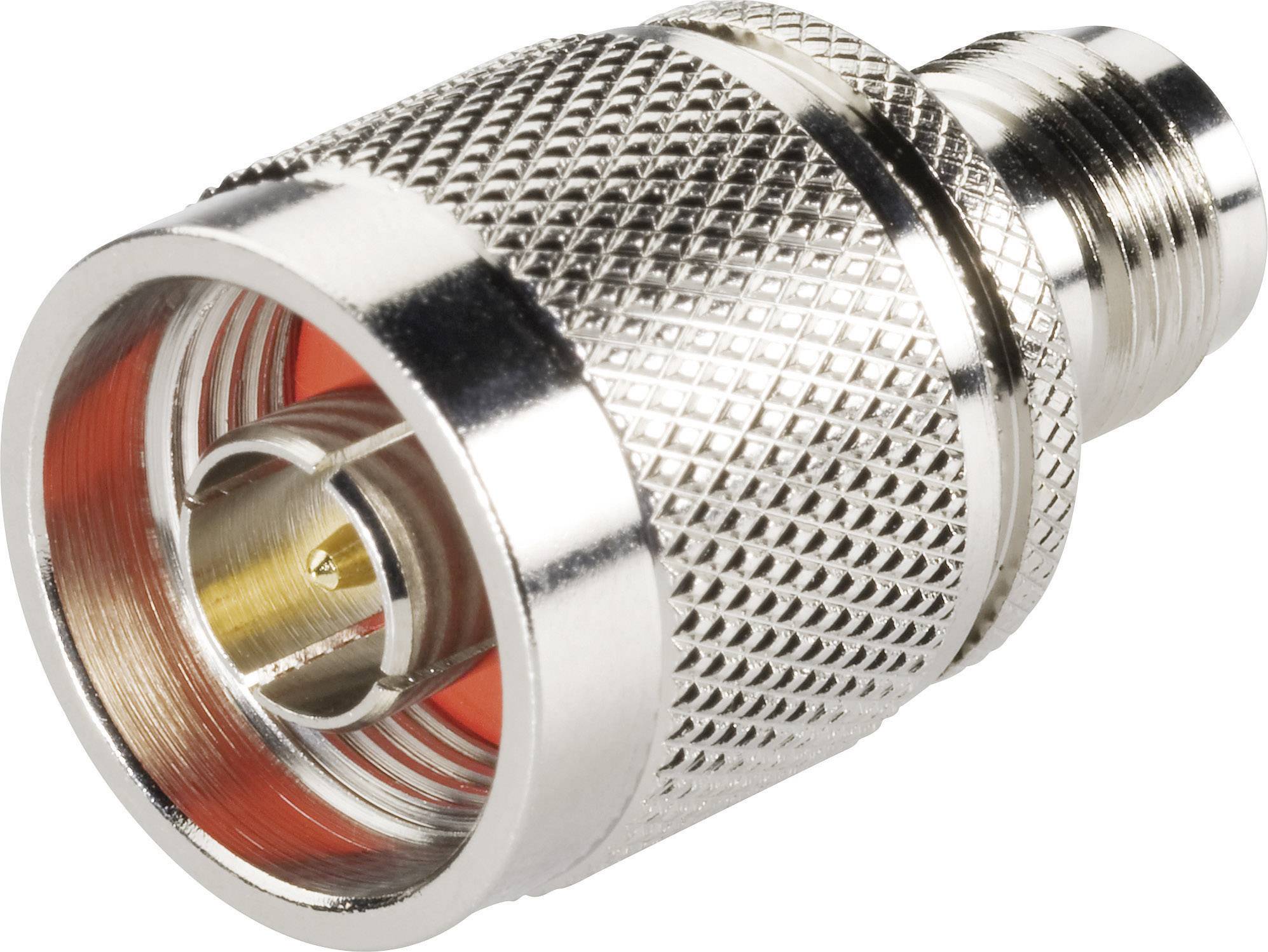 Ein silberner, metallischer Adapterstecker mit geriffelter Oberfläche, typischerweise für Koaxialkabelverbindungen verwendet.