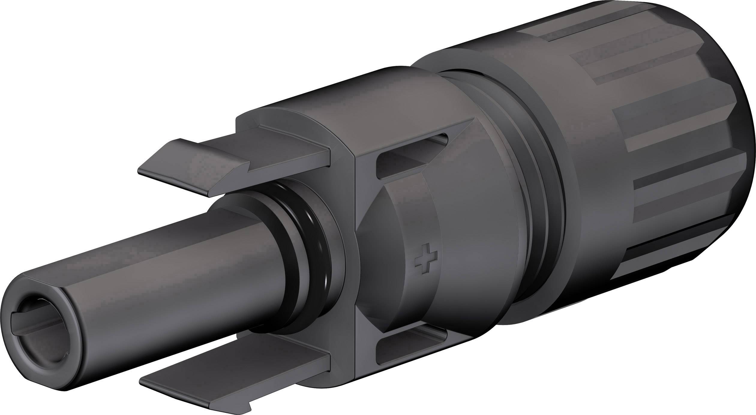 Schwarzer Steckverbinder mit verriegelbaren Clips und geriffeltem Griff, häufig in elektrischen oder solaren Anwendungen verwendet.