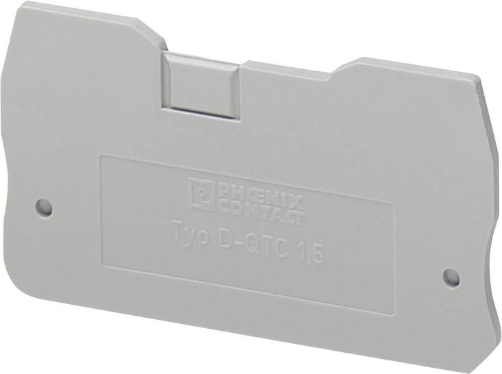 Ein grauer Endhalter der Marke Phoenix Contact, Typ D-QTC 1,5, zur Abdeckung von Anschlussbereichen in elektrischen Verbindungen.