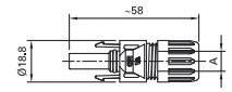 Technische Zeichnung eines Steckverbinders mit Längenangaben: Gesamtlänge ca. 58 mm, Durchmesser 18,8 mm.
