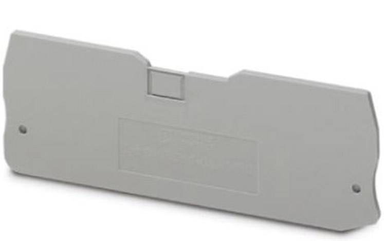 Graue Abdeckkappe mit rechteckiger Form, zwei Löchern zur Befestigung und einer kleinen Vertiefung in der Mitte oben.